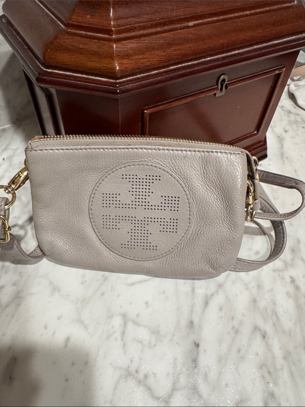 Tory Burch Taupe Leather Perforated Logo Crossbody